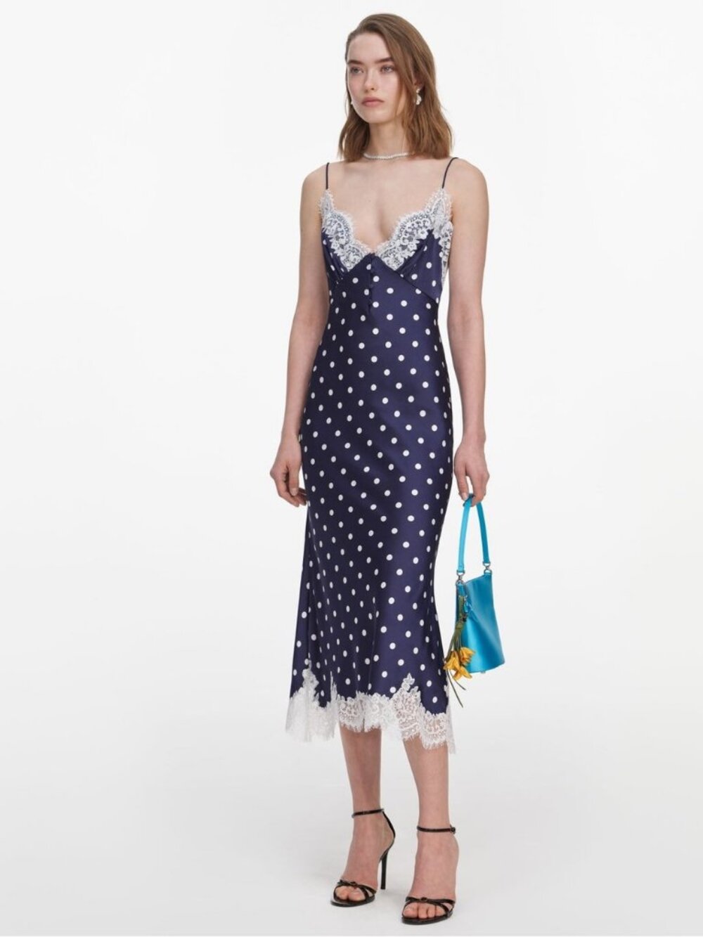 SELF-PORTRAIT NAVY SATIN POLKA DOT MIDI DRESS, NEW WITHOUT TAGS, NEVER WORN.